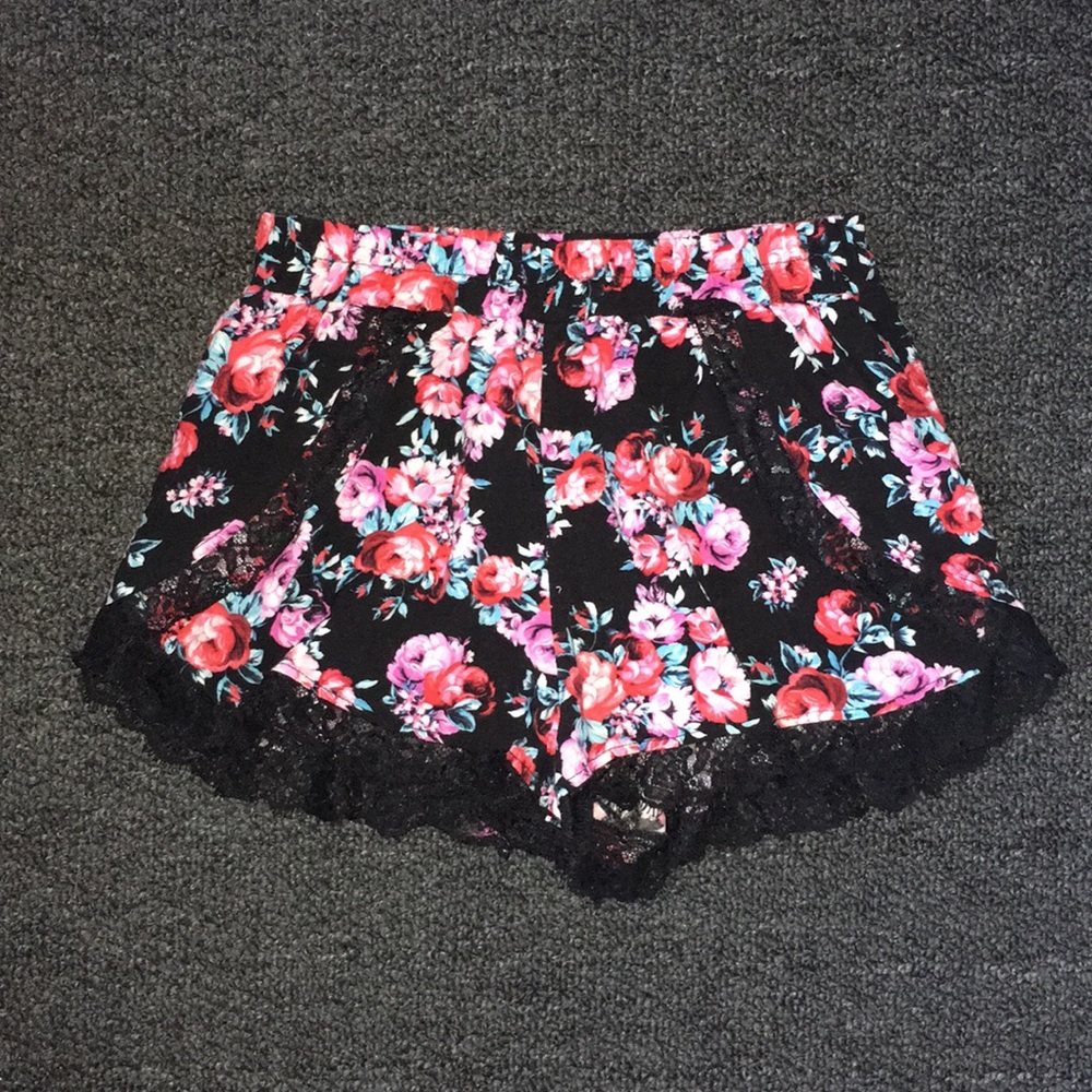 Floral Shorts w/ Black Lace